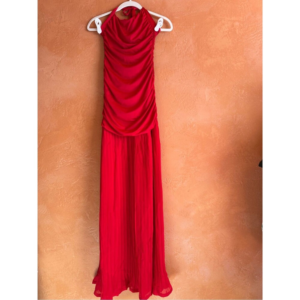 Red Drop Waist Maxi Dress Ruched Halter Pleated Wedding Guest Formal ICONBODY S